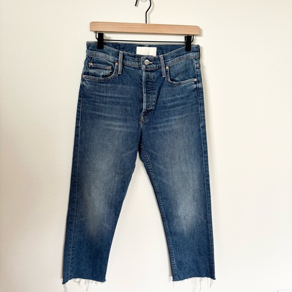 MOTHER Denim - Mother The Tomcat Jeans Straight High Waisted Raw Hem Medium Wash Blue Size 29